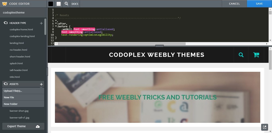 guide to integrate a plugin in weebly website : upload files in weebly code editor