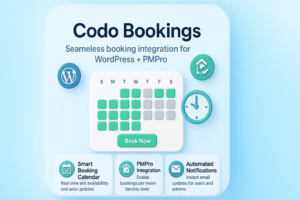 codobookings is a PMPro extension to manage bookings, appointments, or support sessions online through a WordPress website.