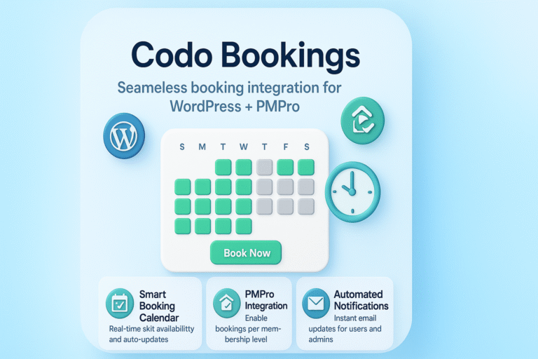 codobookings is a PMPro extension to manage bookings, appointments, or support sessions online through a WordPress website.